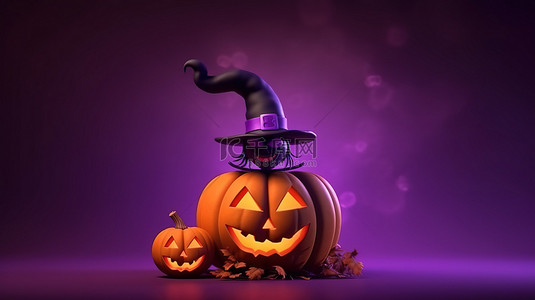 幽灵般的季节杰克奥灯笼南瓜在女巫帽子和蝙蝠剪影反对紫色的月光天空3D 渲染