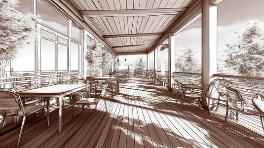 餐厅夏季露台的 3D 草图