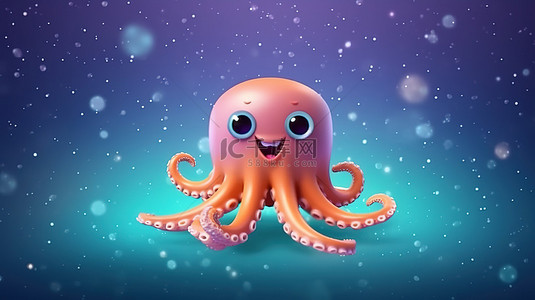 异想天开的卡通章鱼，水晶般清澈的水中有星星和气泡 3D 插图