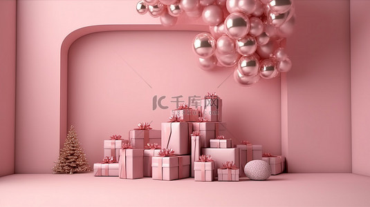 墙上装饰背景图片_3D 渲染的小玩意形状的礼品盒，墙上装饰着浅粉色花环和圣诞装饰品