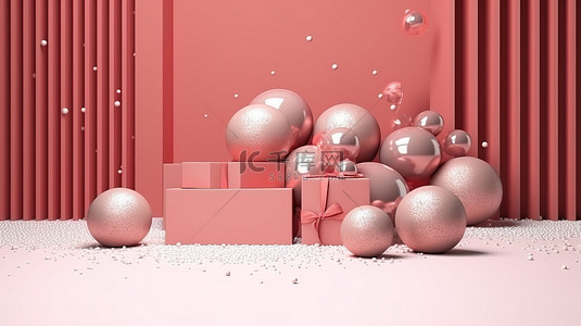 节日基座装饰着礼品盒和装饰球，祝您圣诞快乐，新年快乐 3d