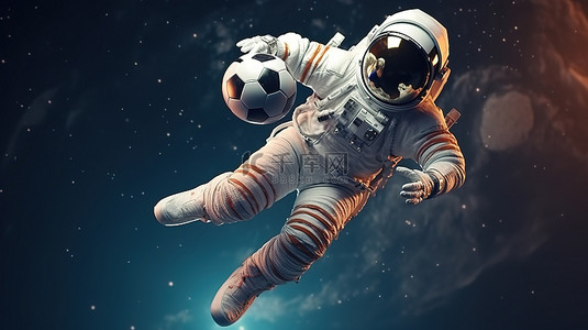 宇航员在外太空踢足球的 3D 插图设计