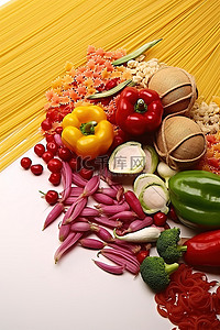 食品面条背景图片_桌面上摆满了蔬菜和面条