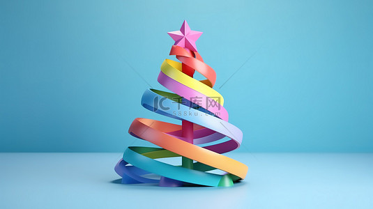 作文背景图片_最小的圣诞装饰彩虹丝带装饰在蓝色色调的树周围 3d 渲染