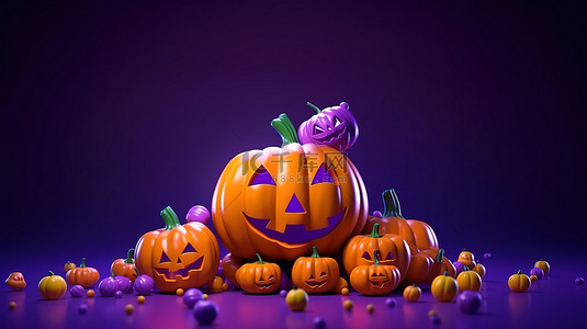 3D 渲染的万圣节场景月光紫色背景以杰克灯笼糖果骨头和蝙蝠为特色