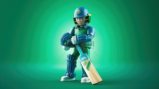 蓝色背景下 3D 渲染中配备比赛装备的爱尔兰板球队运动员