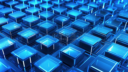 金融科技区块链背景图片_带有分散数据单元的蓝色背景 3D 渲染中分布式区块链技术的图示