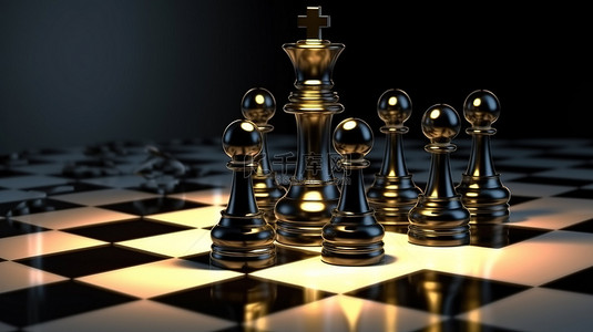 光芒四射的国际象棋国王和黑暗的棋子象征着 3D 模型中的优越性