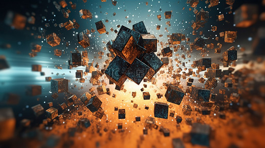 科幻混沌混沌粒子和未来立方体在空旷空间中的抽象 3D 渲染