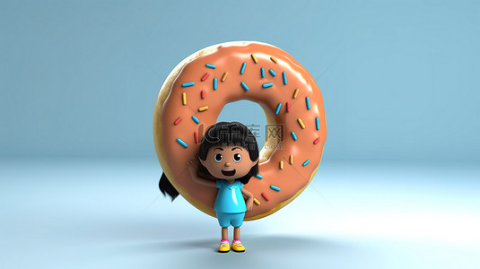 开朗的 3D 动画亚洲青少年与美味的甜甜圈