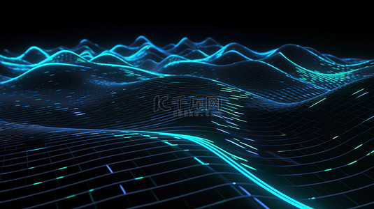 抽象的蓝色发光线在立体黑条的 3D 插图中与类似波浪的几何条纹相交