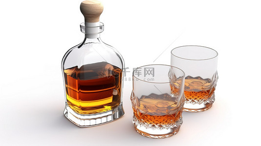 白色背景上 3D 描绘的无标签威士忌酒瓶和玻璃杯