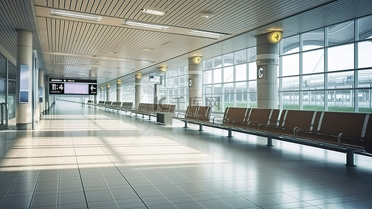 机场火车站国际到达区内部的 3D 渲染，具有清晰的标牌