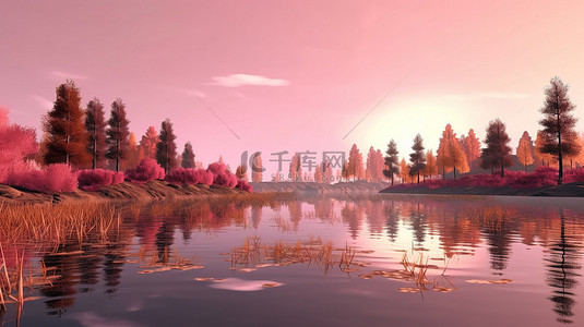 令人惊叹的 3D 日出湖面反射，粉红色的树木和黄色的草