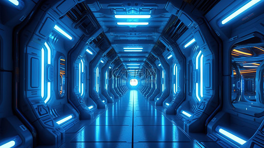 未来科幻场景中带有蓝色灯光的插图 3D 航天器走廊