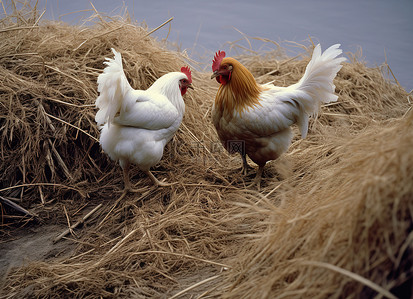 四只公鸡在田里吃干稻草