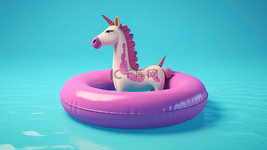 彩色充气独角兽泳池环，在蓝色背景 3D 渲染上享受夏日乐趣