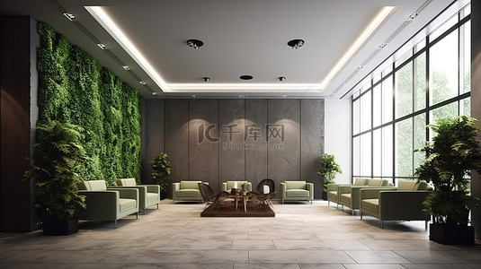 公司架构背景图片_绿色办公室门厅 3D 渲染，呈现生态友好温馨的大堂，配有豪华座椅