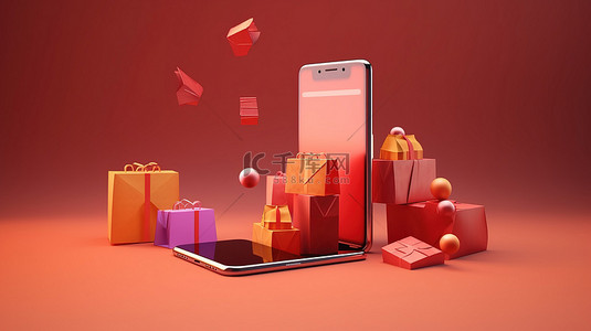 网店设计背景图片_数字商务 3D 渲染电话信用卡和在线购物图标袋的插图