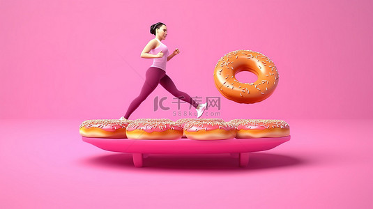 跑步者在粉红色背景 3D 渲染的跑步机上锻炼时受到甜甜圈诱惑的对比选择