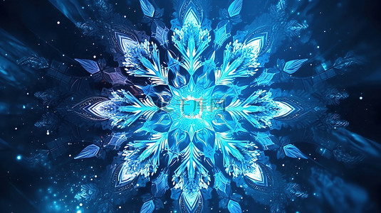 抽象背景的充满活力的 3D 插图，具有耀眼的蓝色色调的闪闪发光的雪花形宝石