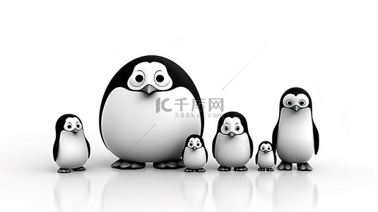 可爱的 3D 渲染黑白玩具企鹅设置在白色背景下