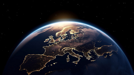 宇宙爆炸背景图片_地球的天文 3D 插图，外层空间令人惊叹的日出，具有 NASA 提供的欧洲元素