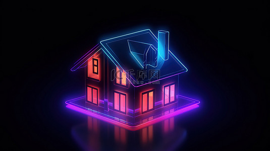平面设计 ui ux 界面元素中带有 3D 渲染的时尚霓虹灯房子图标