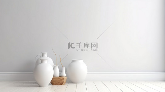 光滑的白色陶瓷花瓶和木地板上的锅，带有复制空间 3d 渲染插图，用于家居装饰