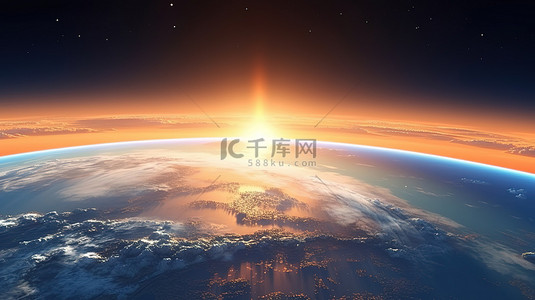 地球宇宙背景图片_3d 渲染的地球地平线与发光的日出