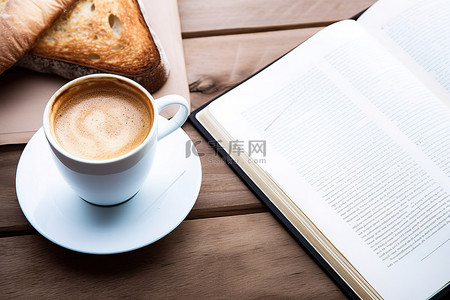 电子阅读器背景图片_一个电子阅读器，里面有面包和一杯咖啡