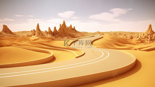 弯曲的沙漠公路和高速公路 3D 插图中的旅行和度假漩涡路广告