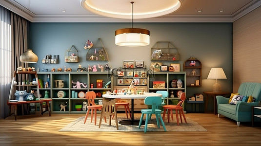 晚房间背景图片_儿童房间或咖啡馆现代经典设计的 3D 渲染