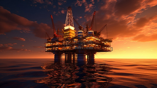 数字渲染的海上石油平台上闪烁的夕阳