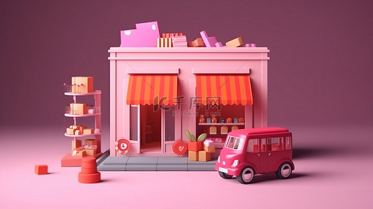 销售工作背景图片_在线移动购物和电子商务的 3D 渲染，提供免费快速送货服务