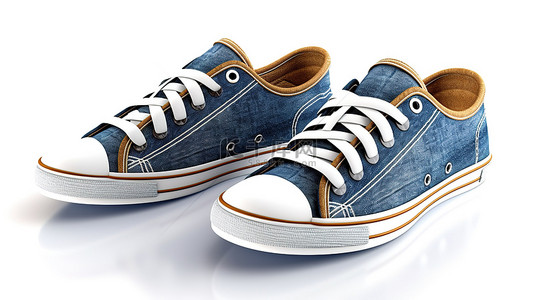 新鲜制作的空白标签蓝色牛仔运动鞋 3d 在白色背景上呈现