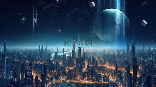 宇宙大都市是一个被夜间灯光照亮的星球上的城市的 3D 渲染