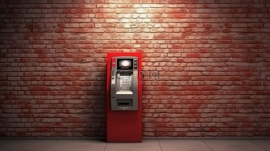 以 3D 渲染的红银行现金 ATM 机的砖墙背景