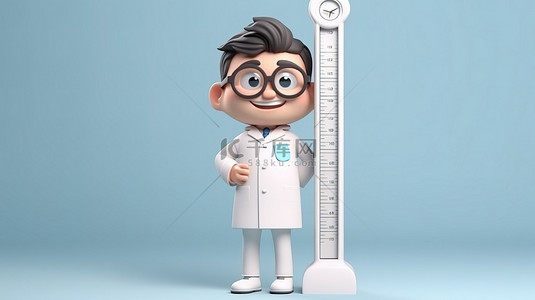 3D 渲染中大型温度计模型旁边的卡通医生角色