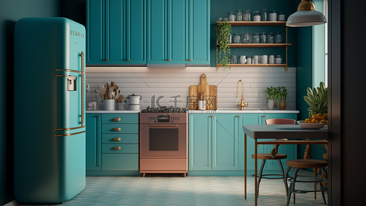 厨房背景图片_厨房餐桌冰箱绿色背景