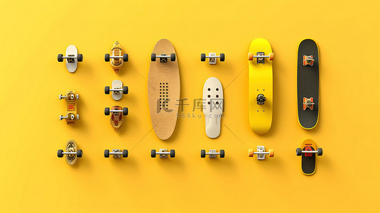关系合集背景图片_一套完整的干净滑板3D插画合集的黄色背景样机