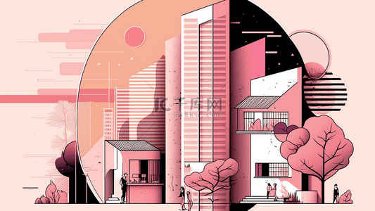 四张同系列背景图片_城市建筑树楼房扁平风格粉色系列背景