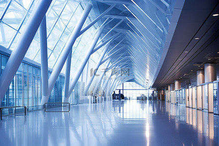 具有现代玻璃建筑的机场内部