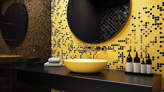 现代浴室设计与黄色马赛克墙长方形镜子和圆形黑色洗脸盆在 3d 渲染