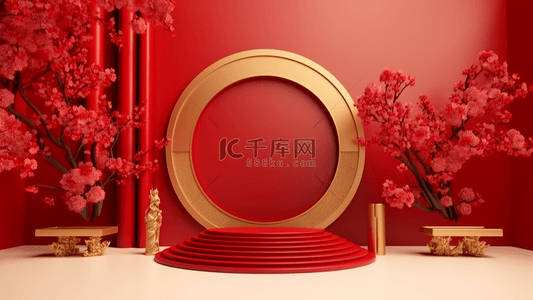 腊梅花卉红色舞台中国风格节日广告背景