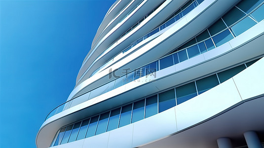 未来派企业摩天大楼 3D 渲染的曲线建筑杰作的低角度视图