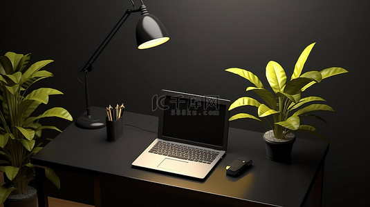 黑色表面办公桌的顶视图 3D 渲染，配有笔记本电脑植物台灯并张贴其