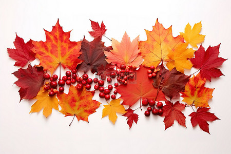 秋背景图片_白色背景中的新鲜秋浆果和加拿大枫叶
