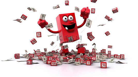 一群红色游戏骰子吉祥物飞向 3D 渲染的白色背景上的一堆百元大钞
