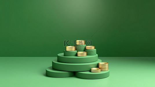 时尚几何支架的 3D 渲染，带有硬币，用于绿色背景上的产品展示